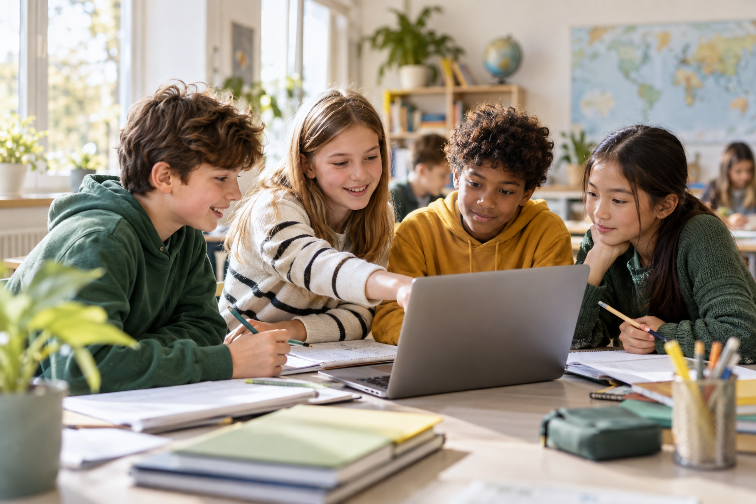 Leerlingen uit het zesde leerjaar werken samen in een klaslokaal